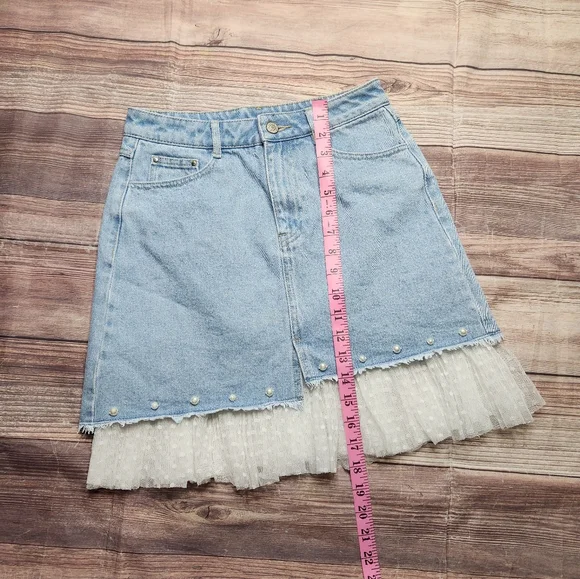 Ochirly Asymetrical Denim Lace Pearl Beaded Jean Skirt - Picture 6 of 12